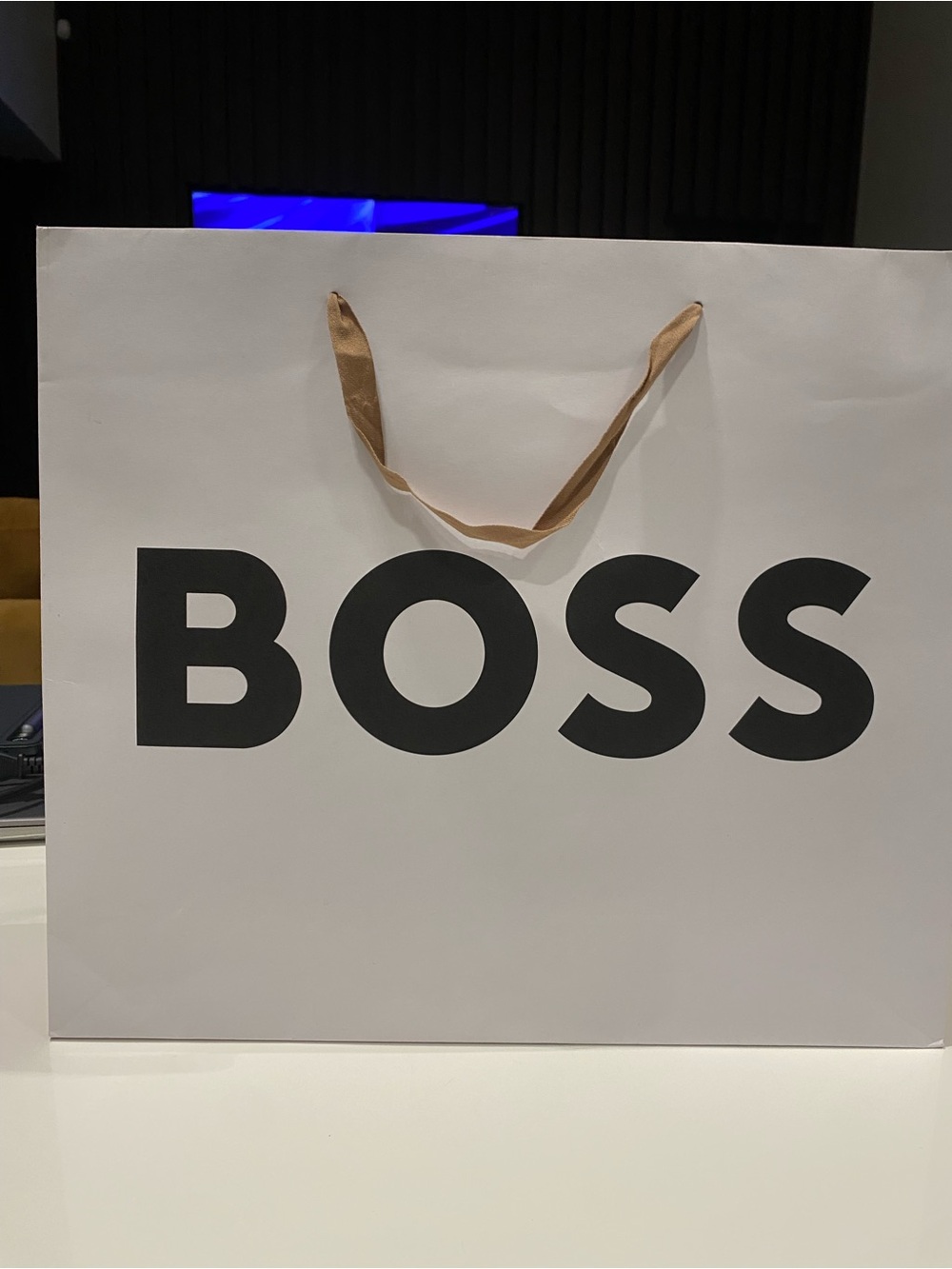 BOSS White Shopping Bag with Tan Ribbon Handles